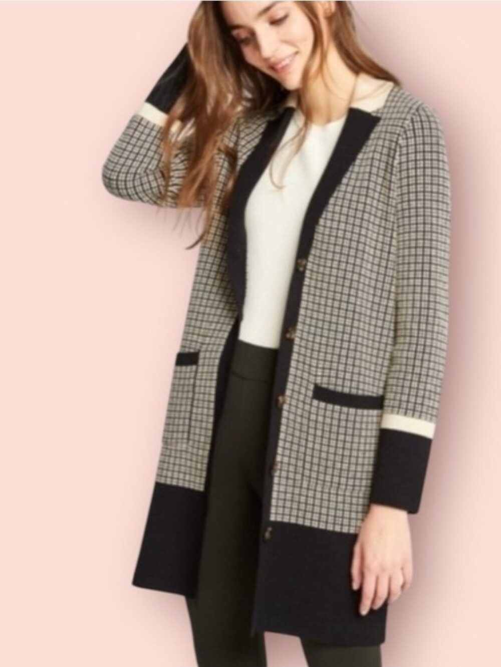 Ann Taylor Black and Cream Grid Knit Blazer Cardigan Coatigan